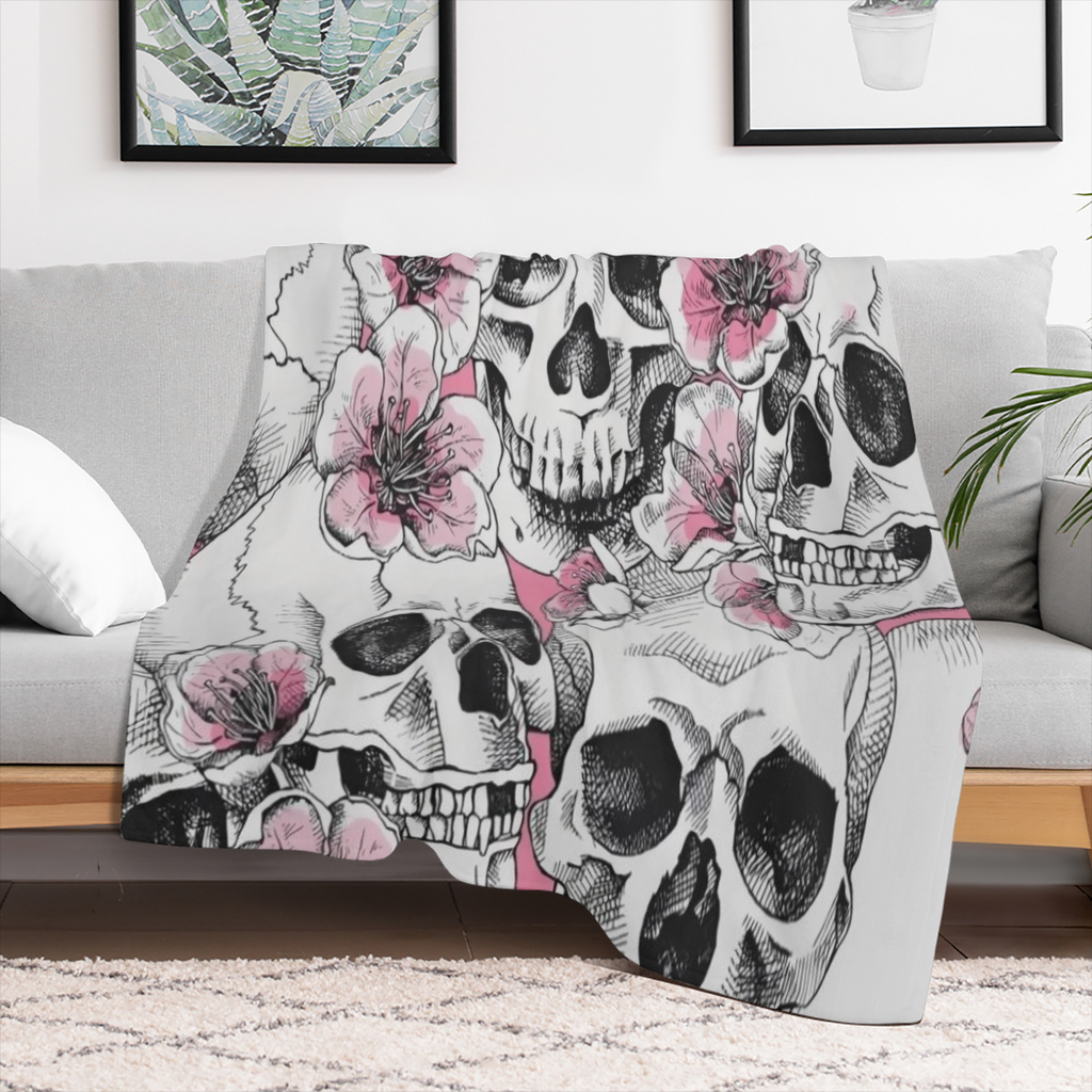 Bohemian Style Skull and Sakura Cherry Blossom Printed Flannel Throw Blanket Soft Tear Stain Resistant All-Season Quilted Multipurpose Polyester Knit Throw with Machine Washable for Couch and Bed Deco