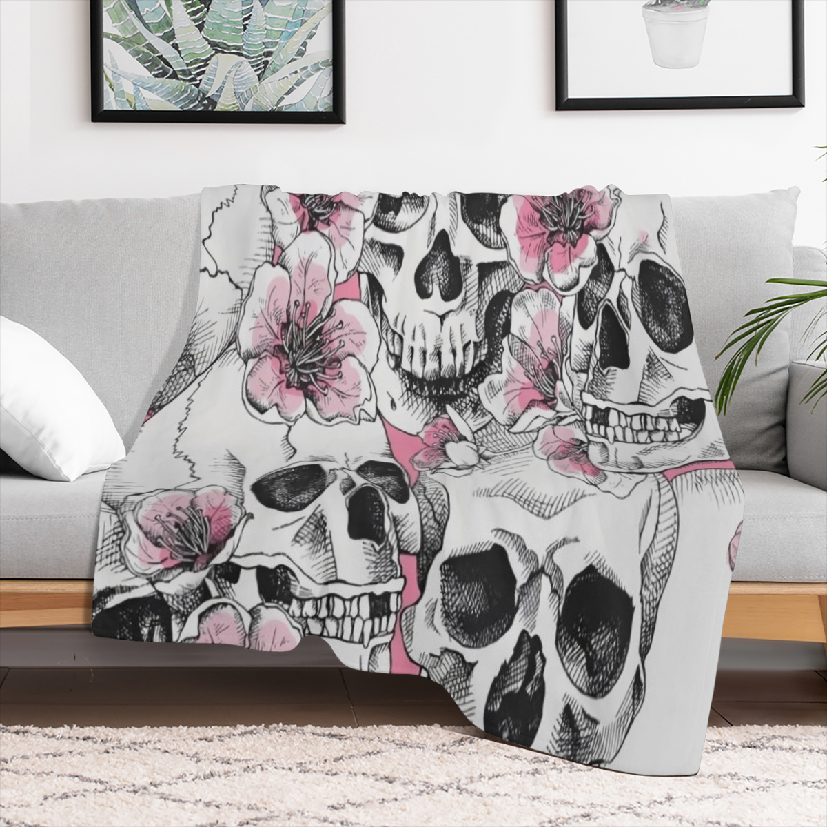 Bohemian Style Skull and Sakura Cherry Blossom Printed Flannel Throw Blanket Soft Tear Stain Resistant All-Season Quilted Multipurpose Polyester Knit Throw with Machine Washable for Couch and Bed Deco