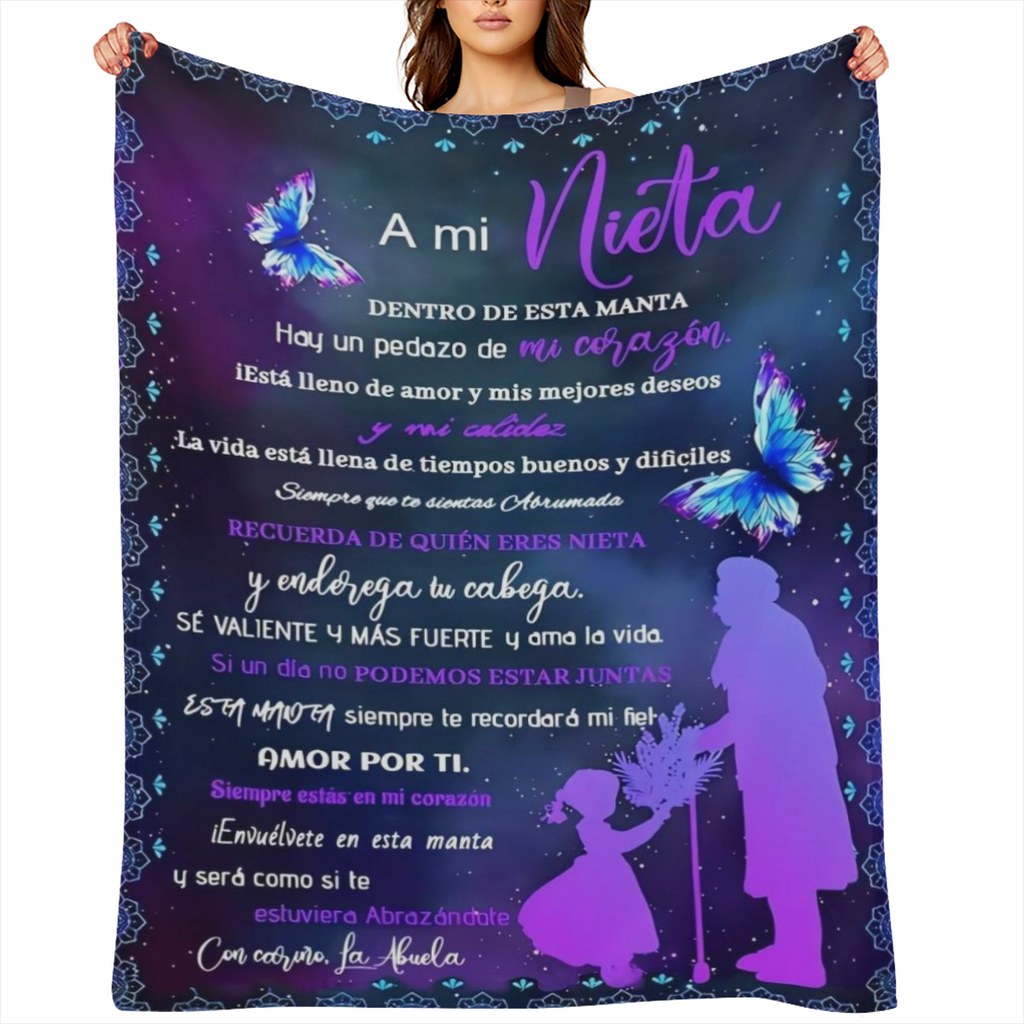 Birthday Joy, Spanish Letter to Granddaughter Flannel Throw Blanket - Hypoallergenic, Tear Resistant, All-Season Cozy Bedding - Machine Washable, Digital Print Polyester Knit with Butterfly and Floral