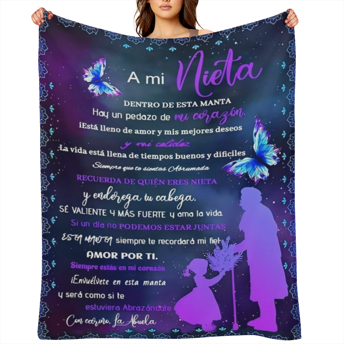 Birthday Joy, Spanish Letter to Granddaughter Flannel Throw Blanket - Hypoallergenic, Tear Resistant, All-Season Cozy Bedding - Machine Washable, Digital Print Polyester Knit with Butterfly and Floral