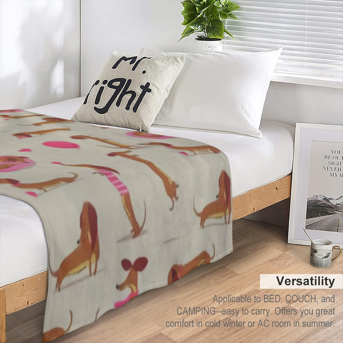 A dachshund print flannel blanket, comfortable all season soft fabric, modern style, animal theme, suitable for bed, sofa, chair, living room decoration, suitable for dachshund lovers neutral gift, 20
