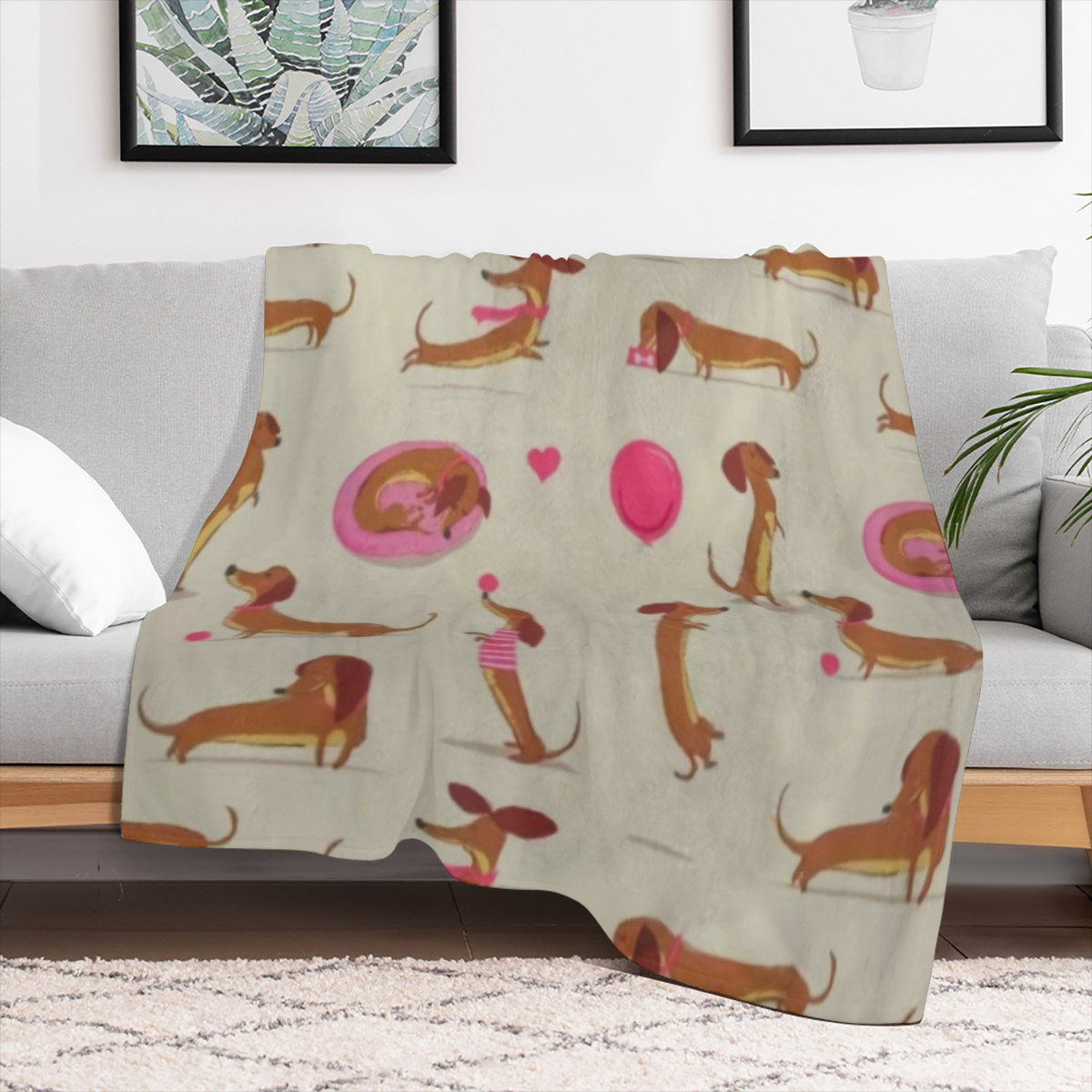 A dachshund print flannel blanket, comfortable all season soft fabric, modern style, animal theme, suitable for bed, sofa, chair, living room decoration, suitable for dachshund lovers neutral gift, 20