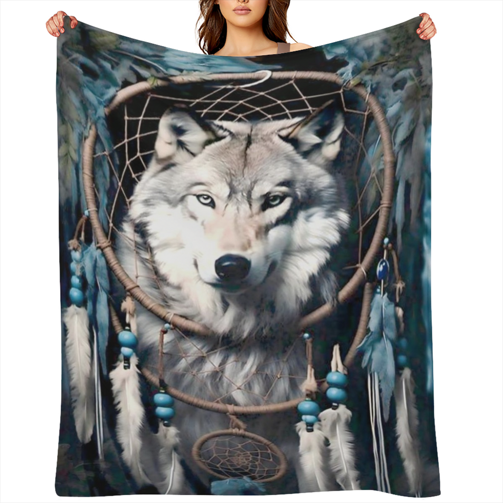 1pc Native American Wolf Dreamcatcher Design Flannel Blanket - Cozy Lightweight Throw with Feathers Beads Ideal for Bed Sofa Living Room Office Decor - All-Season Gift White