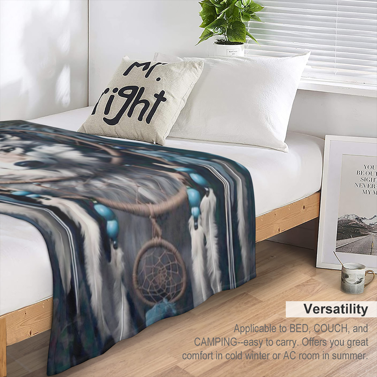 1pc Native American Wolf Dreamcatcher Design Flannel Blanket - Cozy Lightweight Throw with Feathers Beads Ideal for Bed Sofa Living Room Office Decor - All-Season Gift White