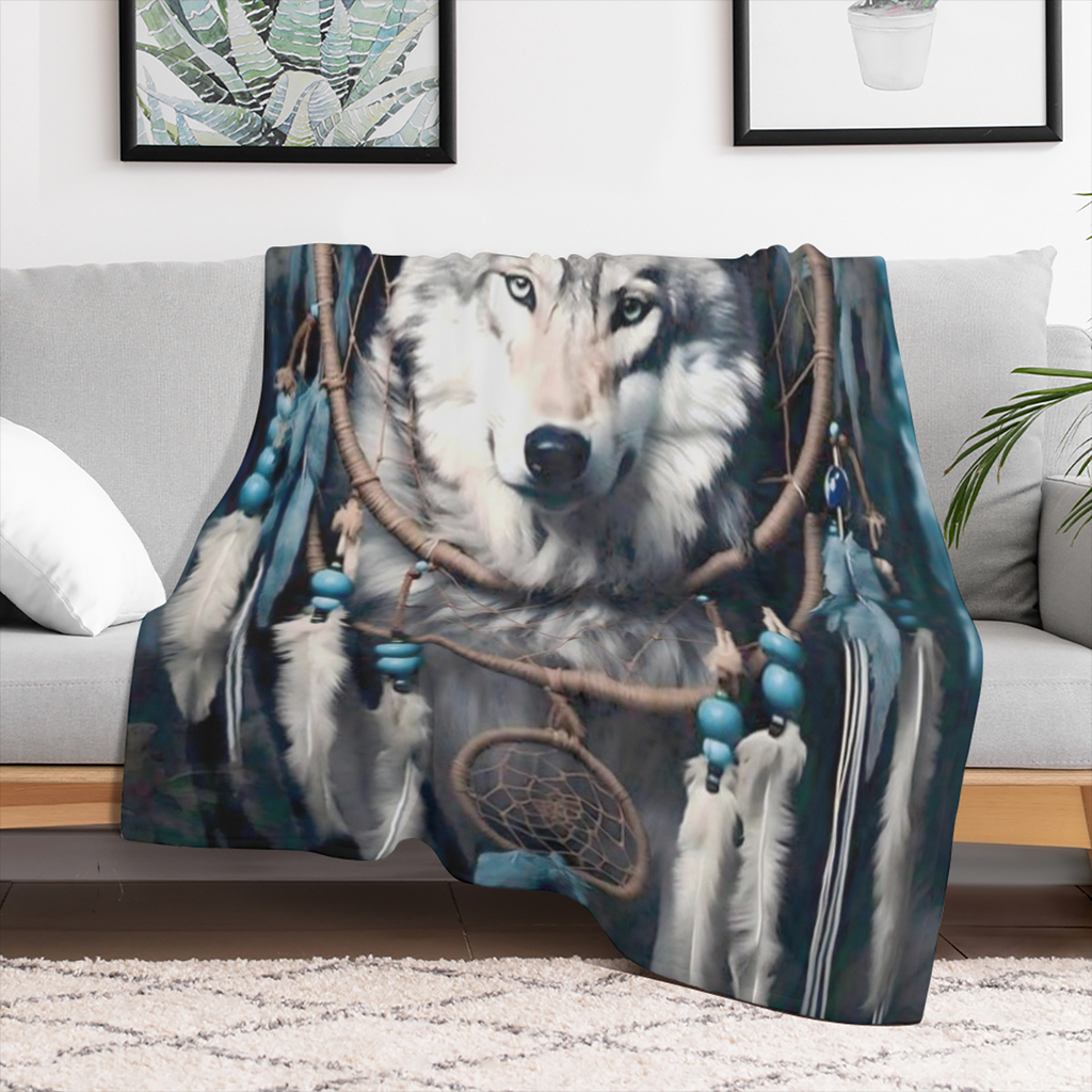 1pc Native American Wolf Dreamcatcher Design Flannel Blanket - Cozy Lightweight Throw with Feathers Beads Ideal for Bed Sofa Living Room Office Decor - All-Season Gift White