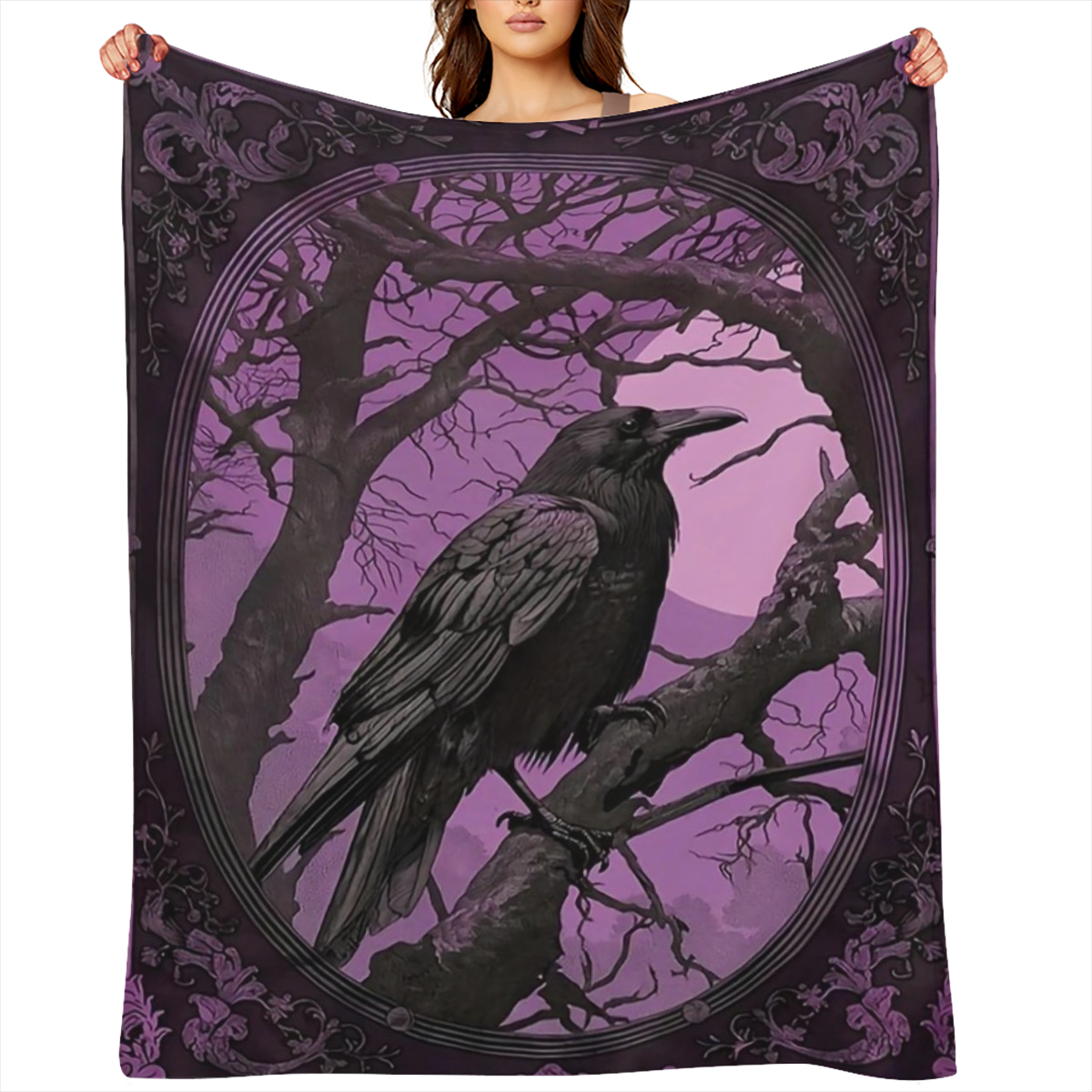 1pc Gothic Crow Print Flannel Blanket - Soft, Warm & Cozy for Home, Office, Camping, Travel - Vintage Style with Full Moon & Raven Silhouette Design, 100 Polyester, Perfect for Winter Comfort, Camping