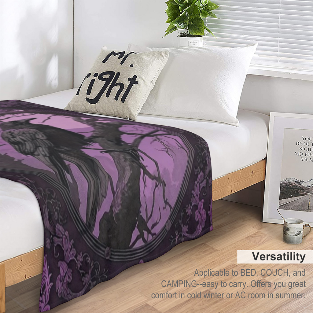 1pc Gothic Crow Print Flannel Blanket - Soft, Warm & Cozy for Home, Office, Camping, Travel - Vintage Style with Full Moon & Raven Silhouette Design, 100 Polyester, Perfect for Winter Comfort, Camping