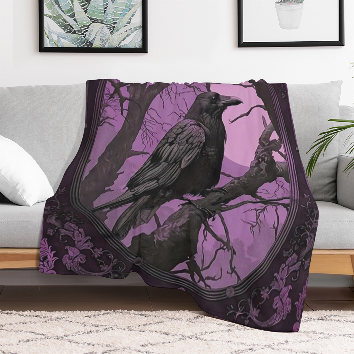 1pc Gothic Crow Print Flannel Blanket - Soft, Warm & Cozy for Home, Office, Camping, Travel - Vintage Style with Full Moon & Raven Silhouette Design, 100 Polyester, Perfect for Winter Comfort, Camping