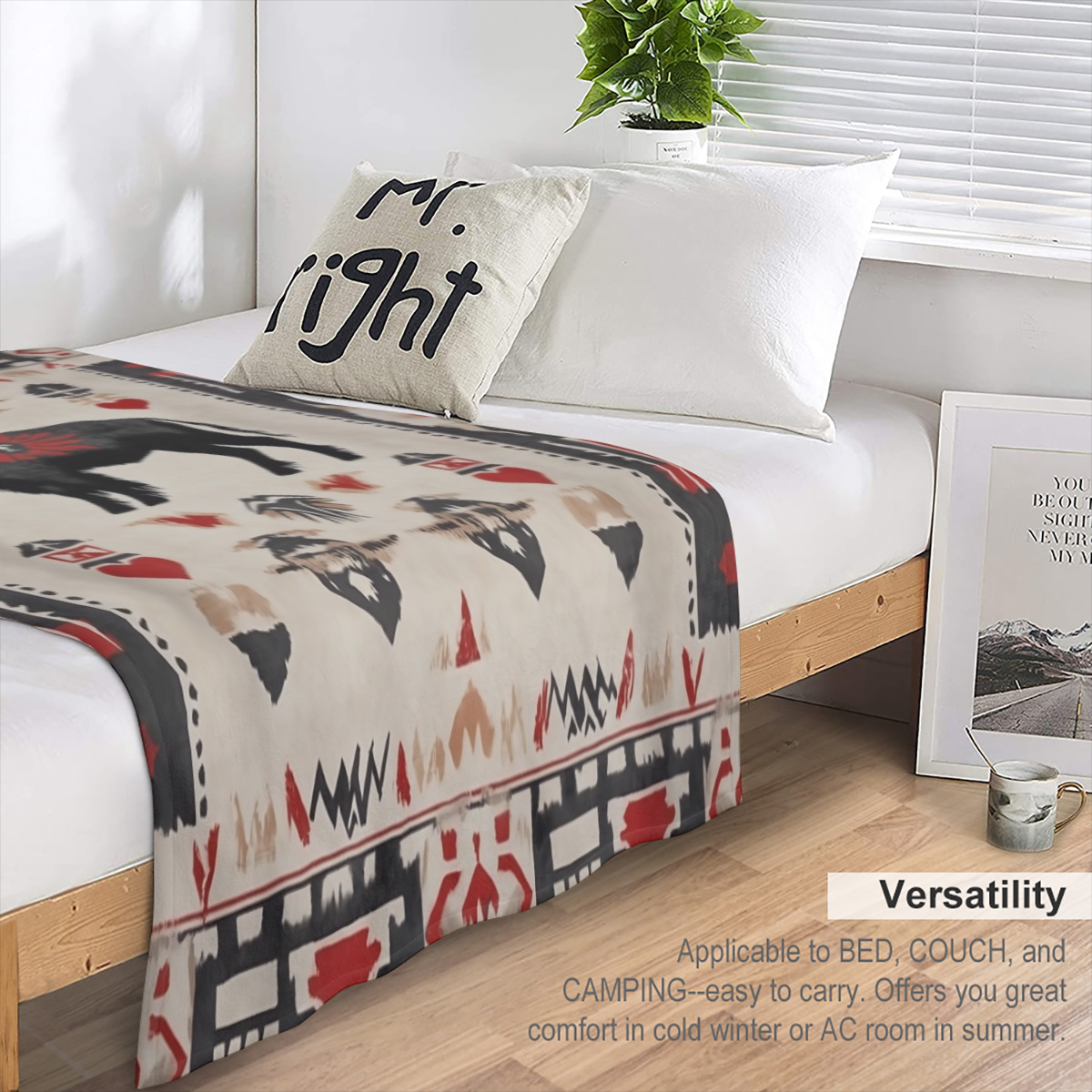 1pc Cozy Flannel Blanket with Buffalo Skull & Native American Design - Soft, Warm Polyester Throw for Home Decor, Outdoor Adventures, Valentine' s Day, Christmas, Thanksgiving & New Year' s Eve - Perf
