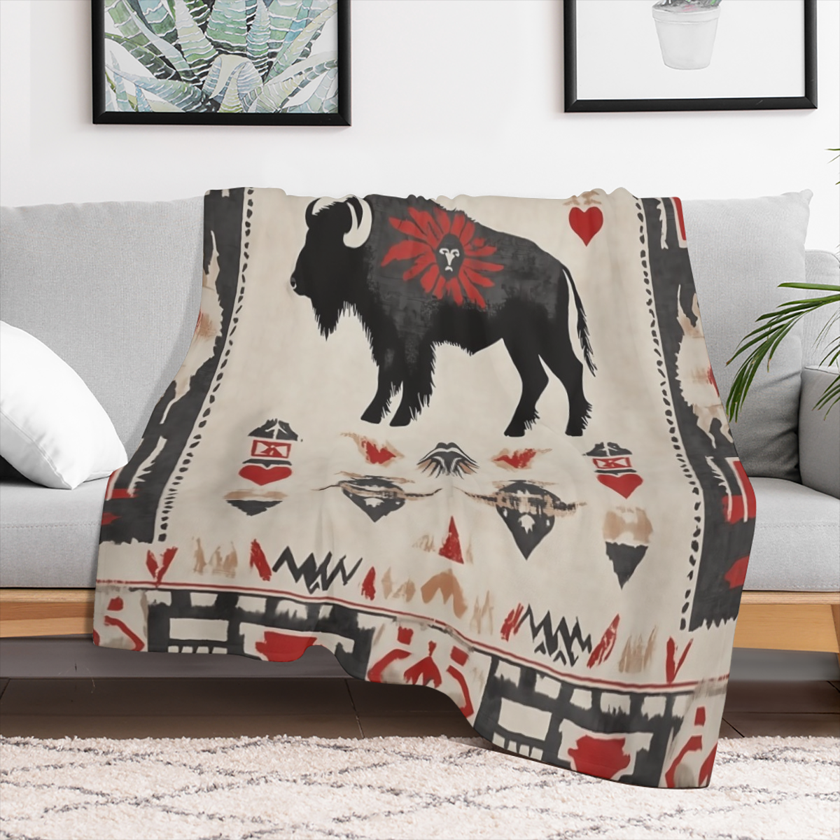 1pc Cozy Flannel Blanket with Buffalo Skull & Native American Design - Soft, Warm Polyester Throw for Home Decor, Outdoor Adventures, Valentine' s Day, Christmas, Thanksgiving & New Year' s Eve - Perf