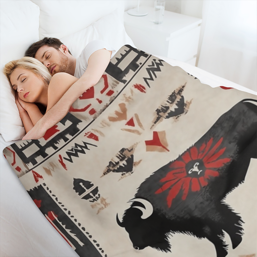 1pc Cozy Flannel Blanket with Buffalo Skull & Native American Design - Soft, Warm Polyester Throw for Home Decor, Outdoor Adventures, Valentine' s Day, Christmas, Thanksgiving & New Year' s Eve - Perf