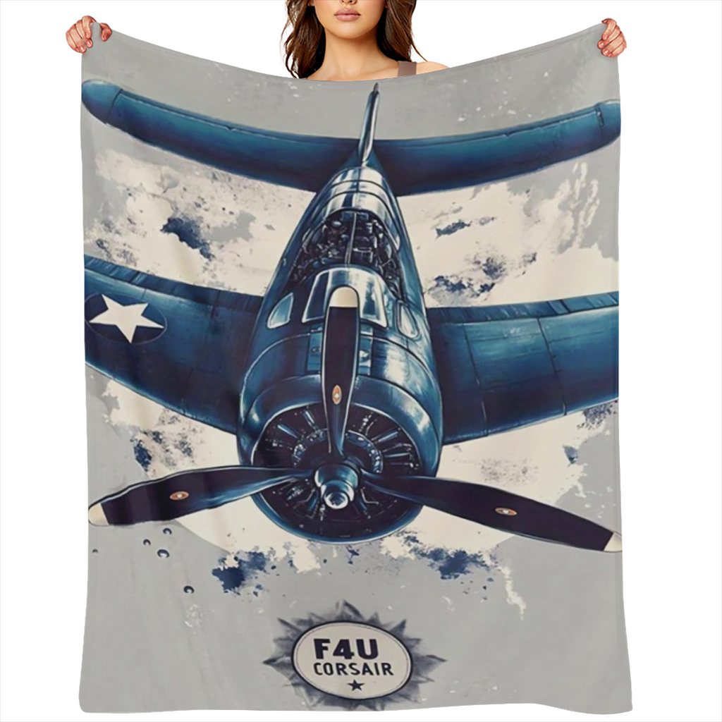 1 vintage F4U Pirate Fighter print throwing blanket - Polyester knit, rectangular, all- season blanket for sofas, beds, camping, office, travel - novelty gift