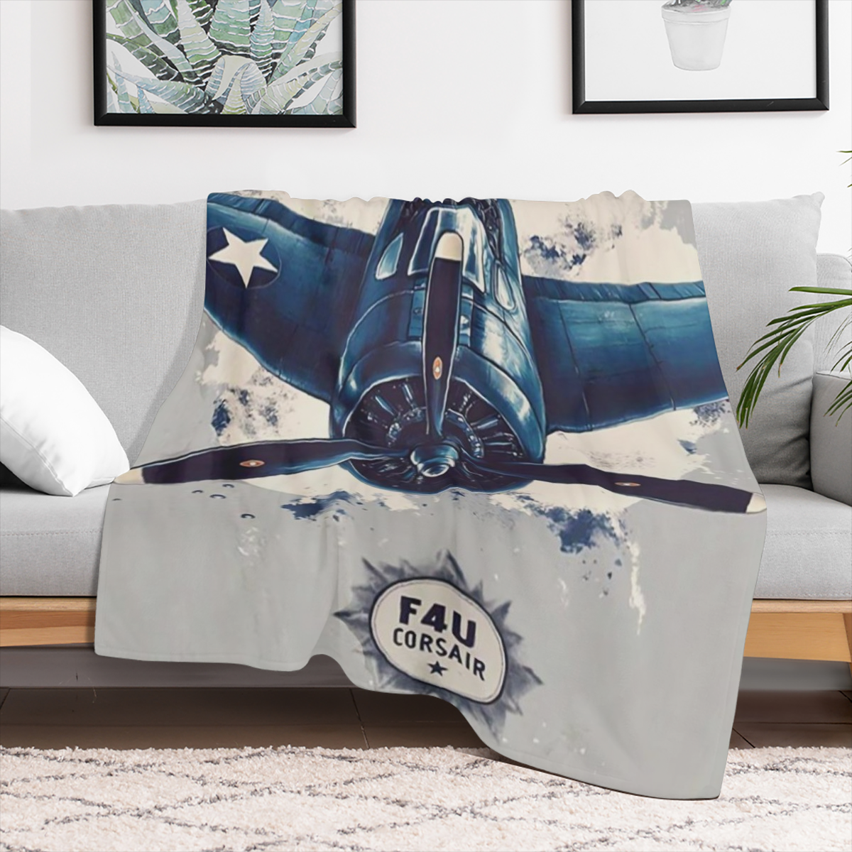 1 vintage F4U Pirate Fighter print throwing blanket - Polyester knit, rectangular, all- season blanket for sofas, beds, camping, office, travel - novelty gift