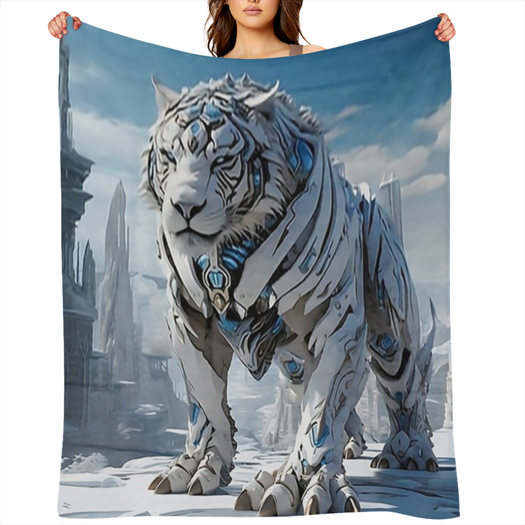 1pc Cozy Snow Mechanical Tiger Print Blanket - Lightweight Flannel Throw For Sofa, Bed, Travel, Camping, Livingroom, Office, Couch, Chair, And Bed - Digital Printing Fleece Blanket With Soft And Warm