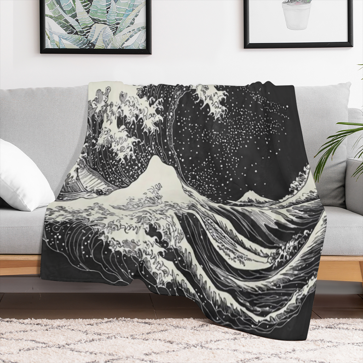 Digital Print Flannel Fleece Throw 1pc Digital Print Tear Resistant Flannel Fleece Throw Blanket - Contemporary All-Season Knitted Polyester with Great Wave of Kanagawa Design - for Sofa, Camping, Off