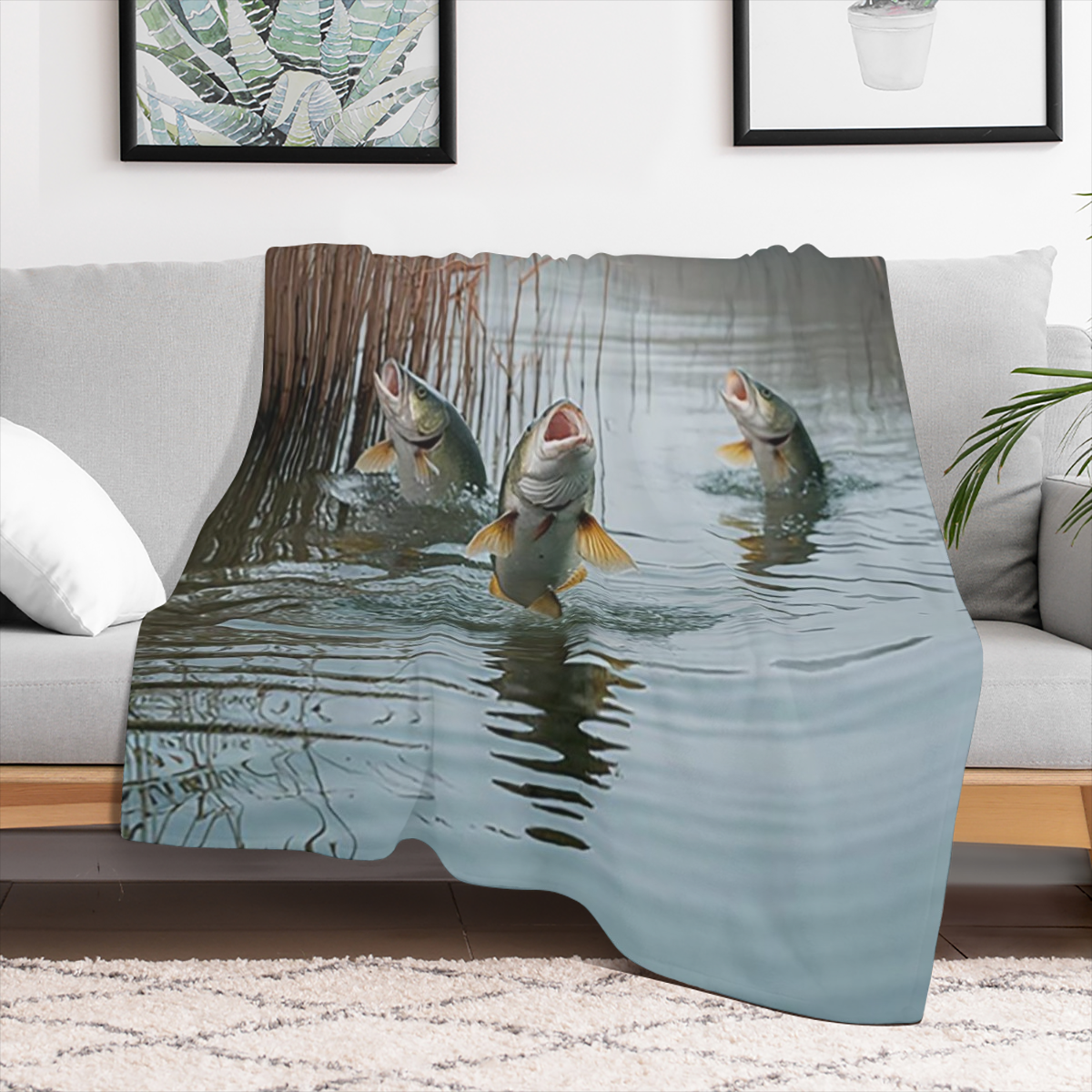 1pc Jumping Fish Blanket Three Fish Pond Print Design Suitable for Bedroom Decor Living Room Decor Bathroom Decor Office Decor Dorm Decor and Guest Room Decor.