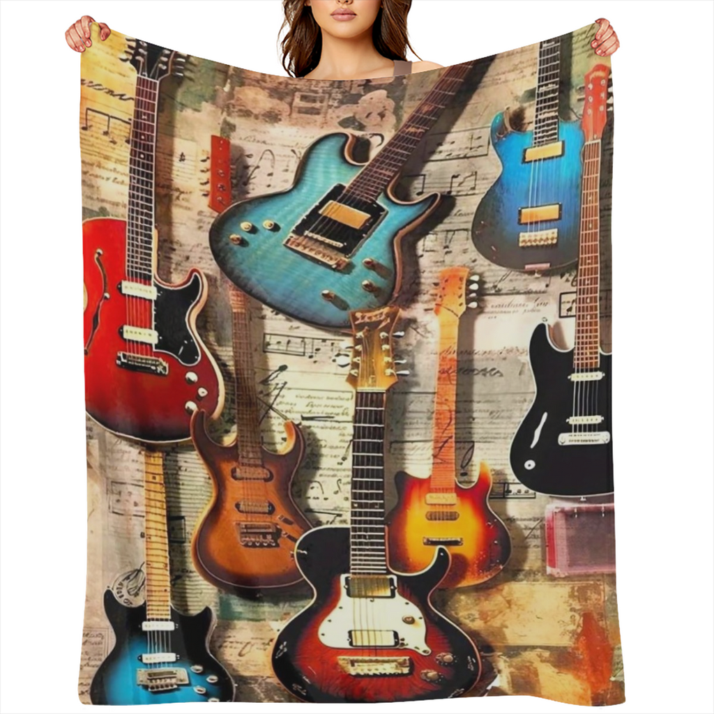 Antique guitars, stylish fluff all year round, lightweight, warm and comfortable flannel blankets, suitable for living rooms, bedrooms, beds, sofas, picnic blankets, bed chairs, car travel, rest blank