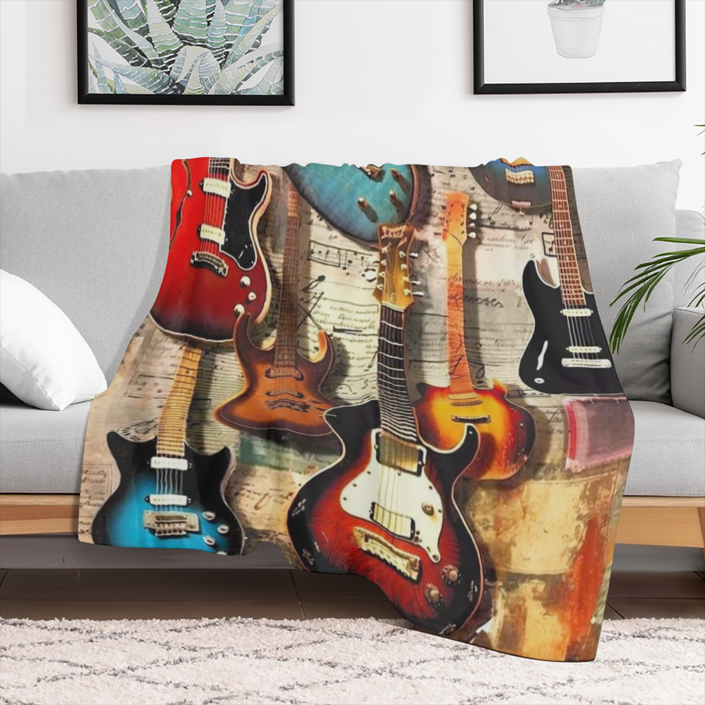 Antique guitars, stylish fluff all year round, lightweight, warm and comfortable flannel blankets, suitable for living rooms, bedrooms, beds, sofas, picnic blankets, bed chairs, car travel, rest blank