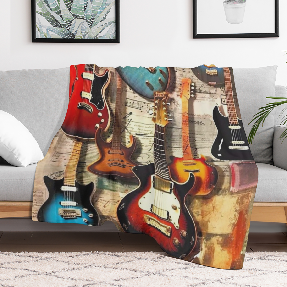 Antique guitars, stylish fluff all year round, lightweight, warm and comfortable flannel blankets, suitable for living rooms, bedrooms, beds, sofas, picnic blankets, bed chairs, car travel, rest blank