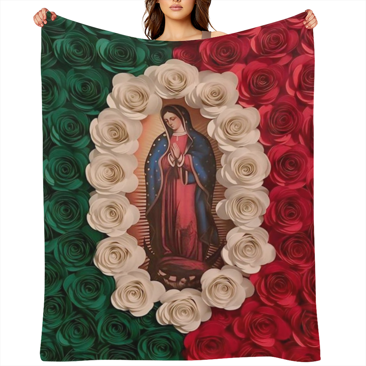 1pieza Manta de franela suave y c¨¢lida con estampado de rosa y tema de fe de la Virgen Mar¨ªa, ideal para recuerdos festivos, perfecta para siestas, camping, viajes y decoraci¨®n del hogar
