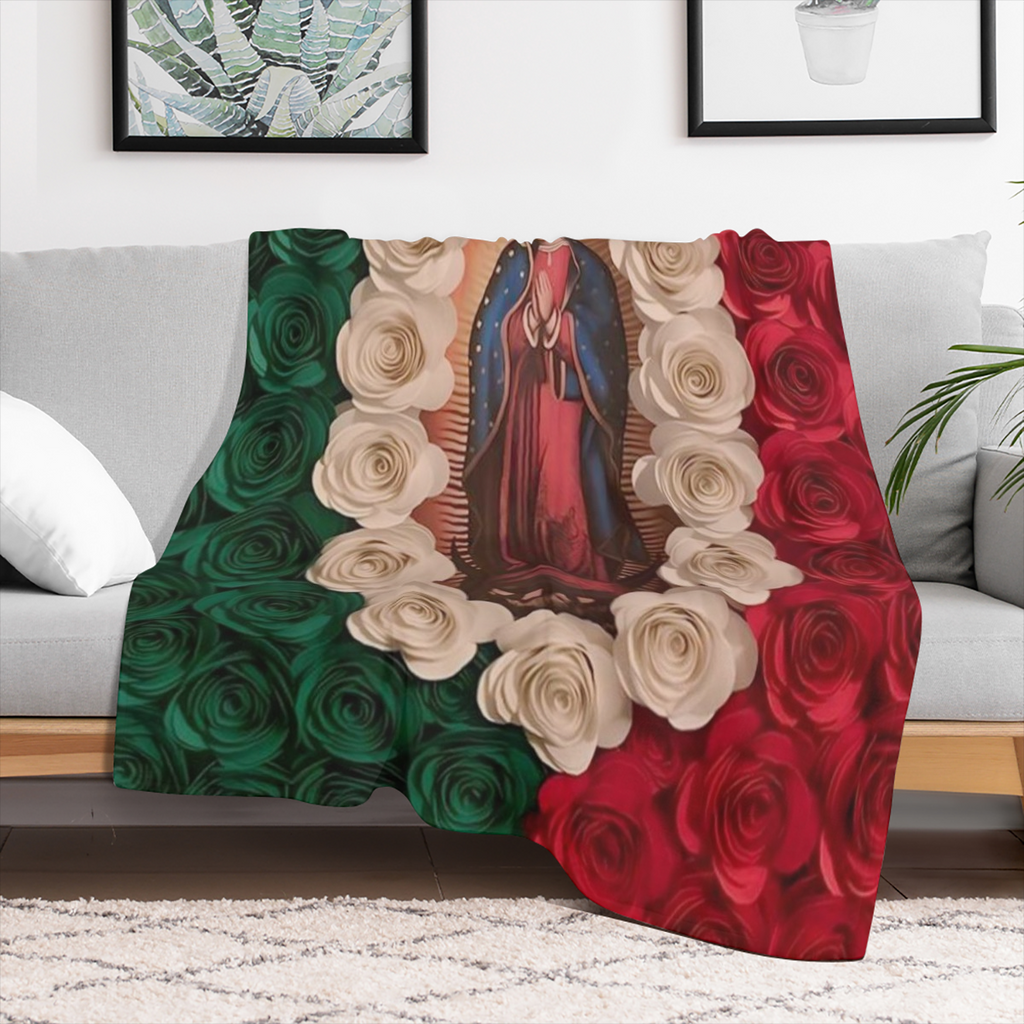 1pieza Manta de franela suave y c¨¢lida con estampado de rosa y tema de fe de la Virgen Mar¨ªa, ideal para recuerdos festivos, perfecta para siestas, camping, viajes y decoraci¨®n del hogar