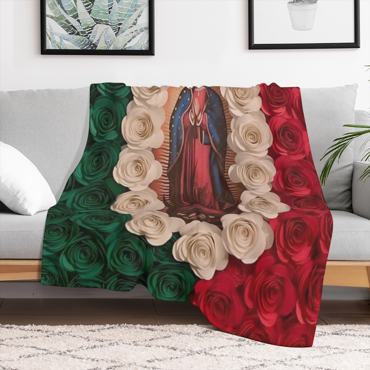 1pieza Manta de franela suave y c¨¢lida con estampado de rosa y tema de fe de la Virgen Mar¨ªa, ideal para recuerdos festivos, perfecta para siestas, camping, viajes y decoraci¨®n del hogar