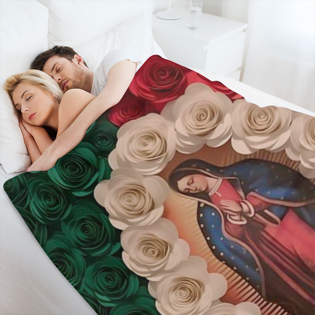 1pieza Manta de franela suave y c¨¢lida con estampado de rosa y tema de fe de la Virgen Mar¨ªa, ideal para recuerdos festivos, perfecta para siestas, camping, viajes y decoraci¨®n del hogar