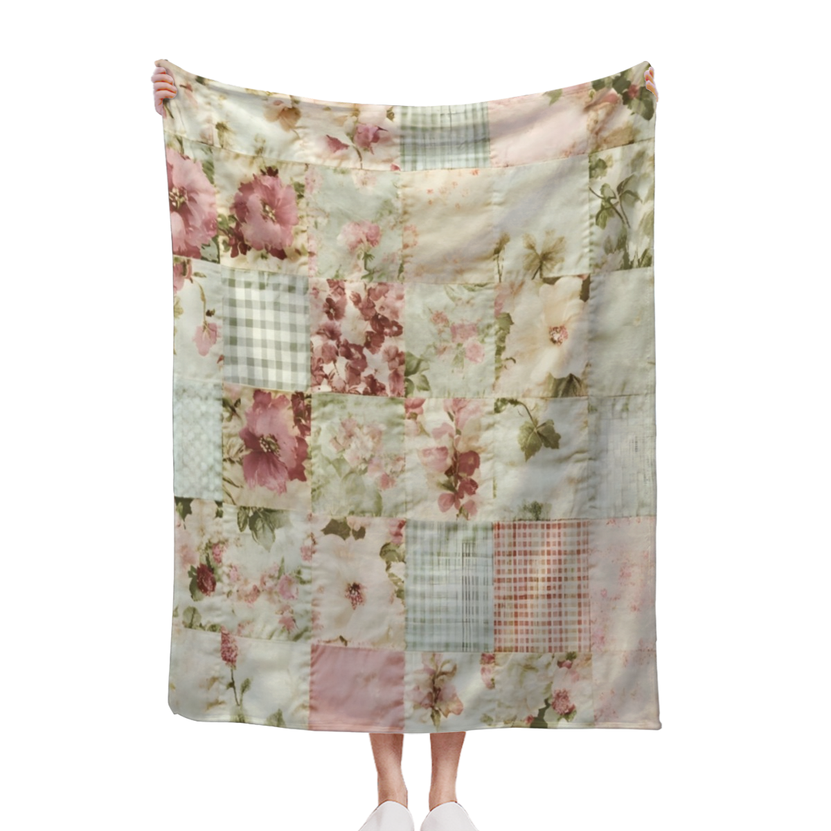 1pc Vintage Floral Patchwork Blanket - Soft Flannel All-Season Throw with Light Pink, Green, Blue & Beige Floral Print, Machine Washable for Bed, Sofa, Camping & Travel - Cozy Home Decor Gift, Throw B