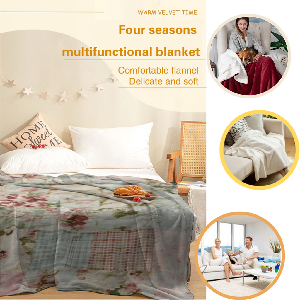 1pc Vintage Floral Patchwork Blanket - Soft Flannel All-Season Throw with Light Pink, Green, Blue & Beige Floral Print, Machine Washable for Bed, Sofa, Camping & Travel - Cozy Home Decor Gift, Throw B