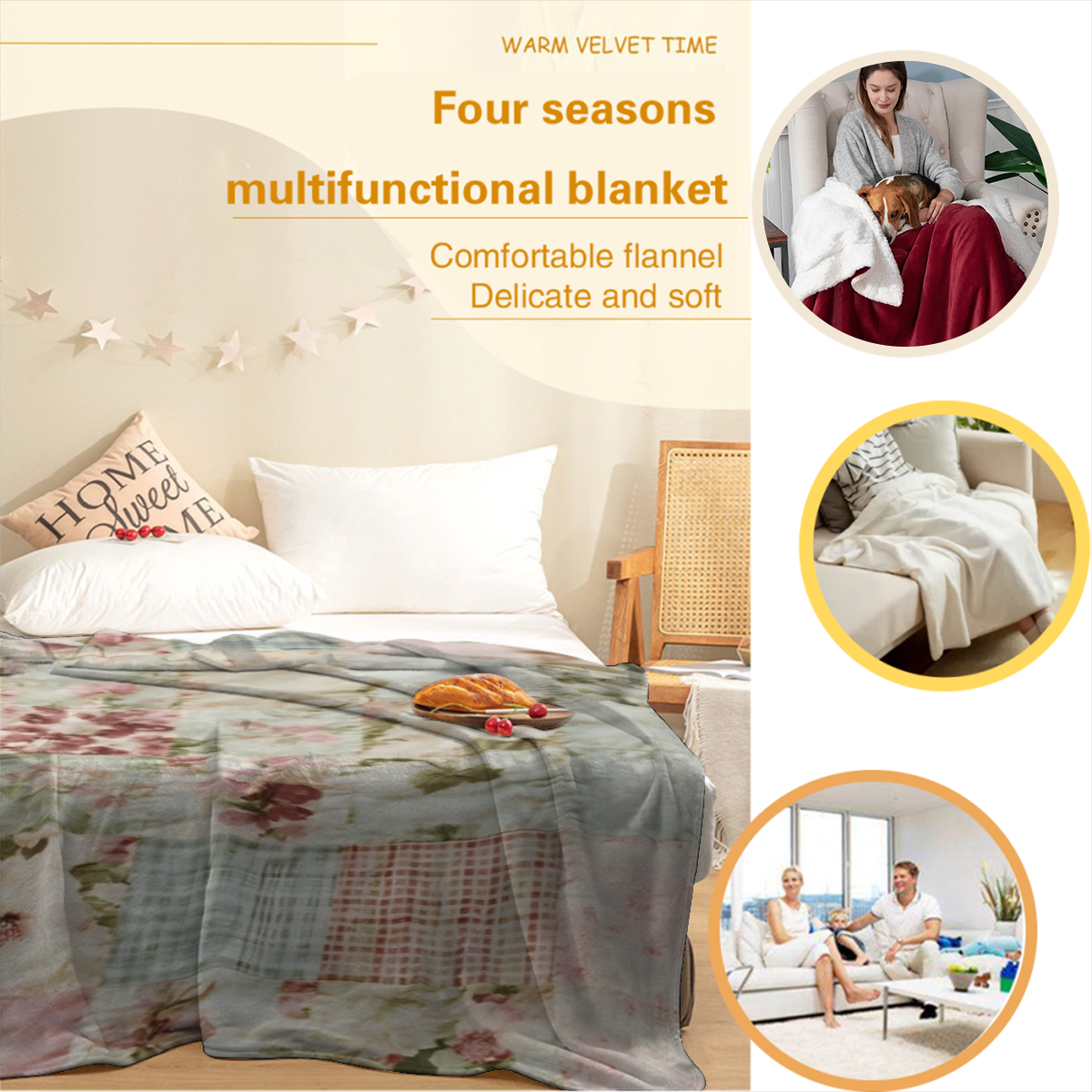 1pc Vintage Floral Patchwork Blanket - Soft Flannel All-Season Throw with Light Pink, Green, Blue & Beige Floral Print, Machine Washable for Bed, Sofa, Camping & Travel - Cozy Home Decor Gift, Throw B