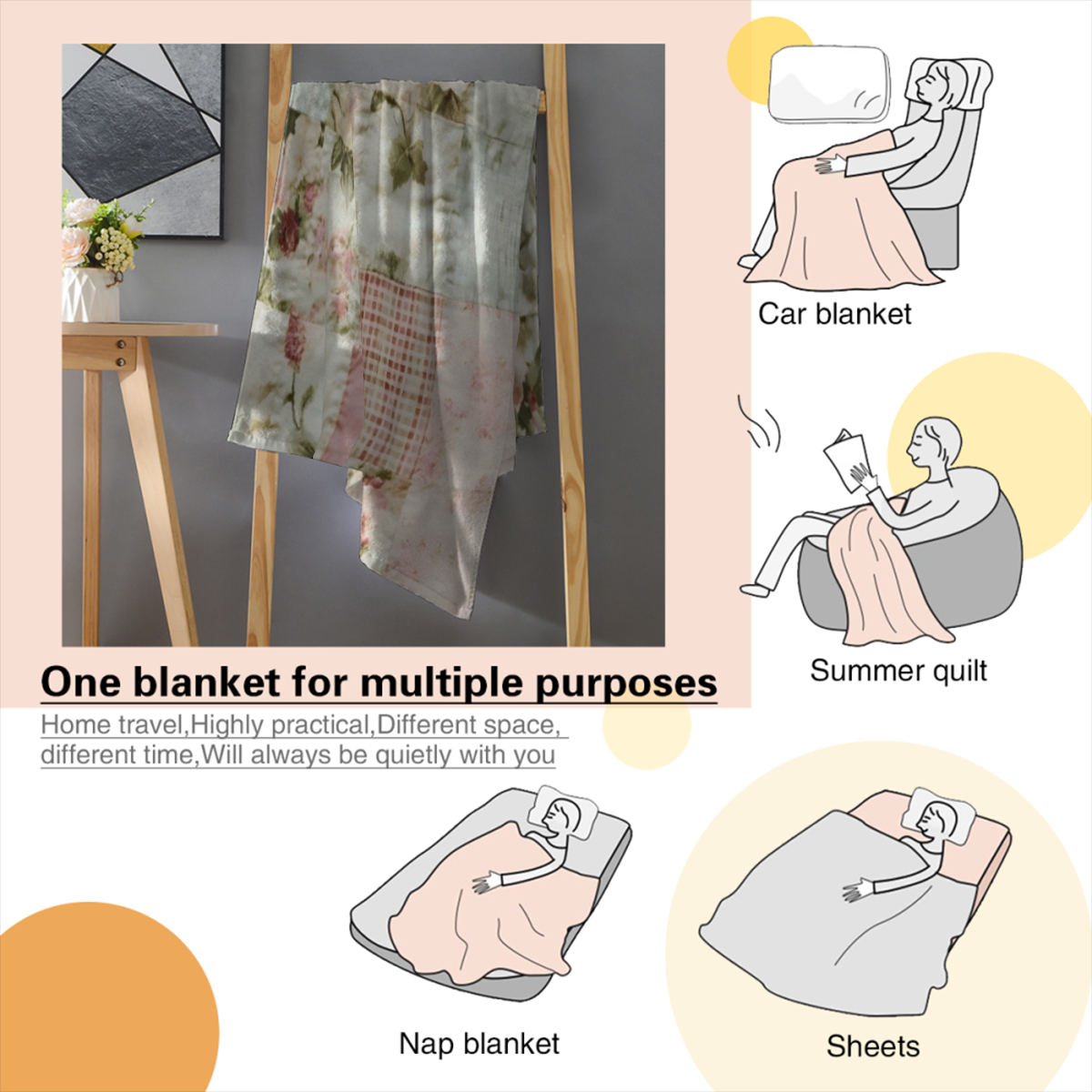 1pc Vintage Floral Patchwork Blanket - Soft Flannel All-Season Throw with Light Pink, Green, Blue & Beige Floral Print, Machine Washable for Bed, Sofa, Camping & Travel - Cozy Home Decor Gift, Throw B