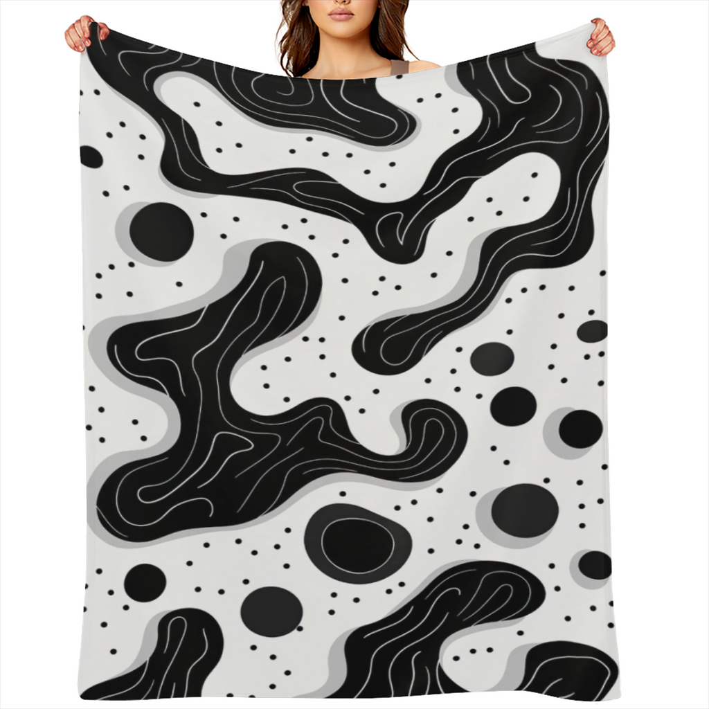 Abstract Black White Organic Shapes Art Themed Throw Blanket Snug Plannel 280gsm Cozy Breathable FabricContemporary Simplicity Eye Candy Pattern Soft for Couch, Sofa, Bed & Travel Essential & Perfect