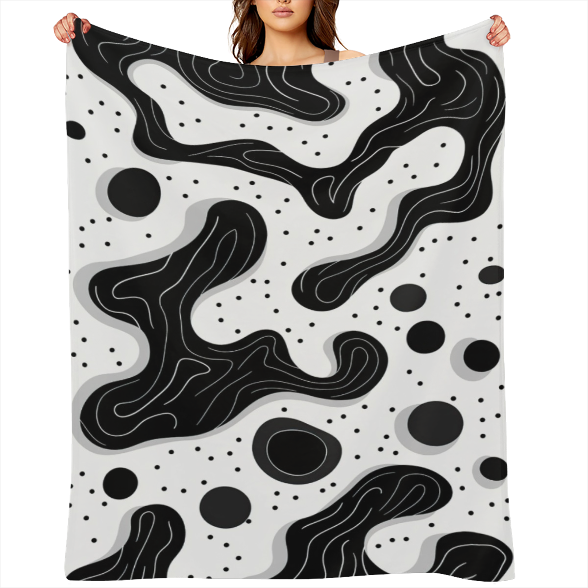 Abstract Black White Organic Shapes Art Themed Throw Blanket Snug Plannel 280gsm Cozy Breathable FabricContemporary Simplicity Eye Candy Pattern Soft for Couch, Sofa, Bed & Travel Essential & Perfect