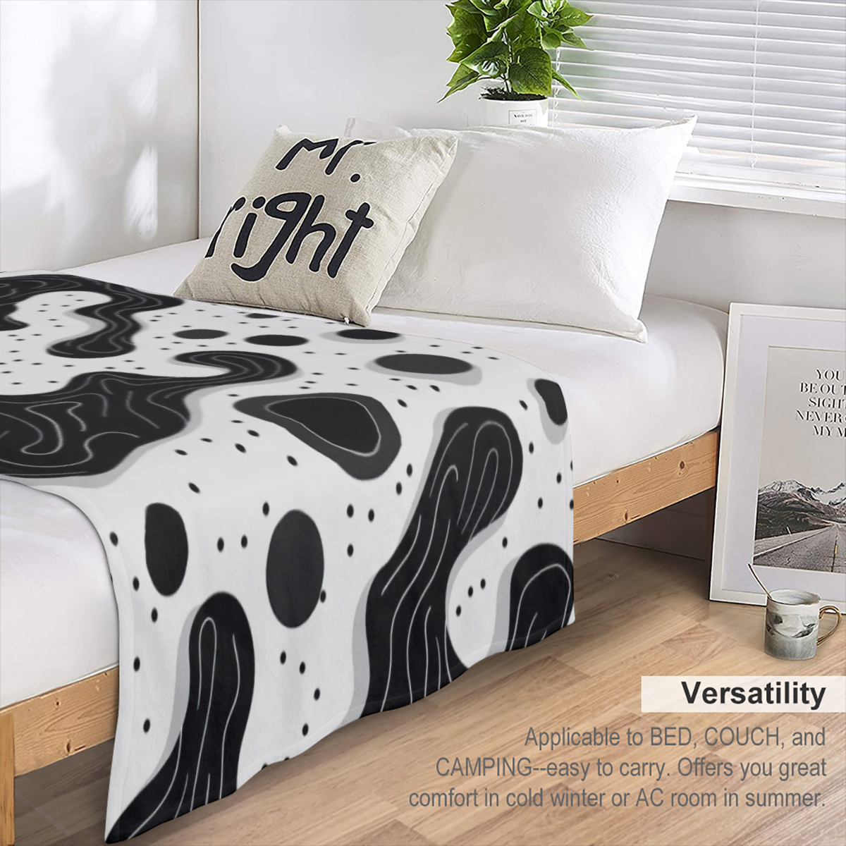 Abstract Black White Organic Shapes Art Themed Throw Blanket Snug Plannel 280gsm Cozy Breathable FabricContemporary Simplicity Eye Candy Pattern Soft for Couch, Sofa, Bed & Travel Essential & Perfect