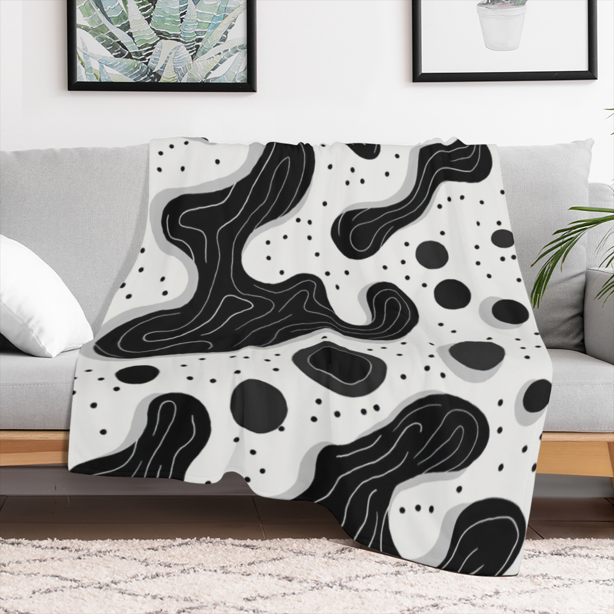 Abstract Black White Organic Shapes Art Themed Throw Blanket Snug Plannel 280gsm Cozy Breathable FabricContemporary Simplicity Eye Candy Pattern Soft for Couch, Sofa, Bed & Travel Essential & Perfect