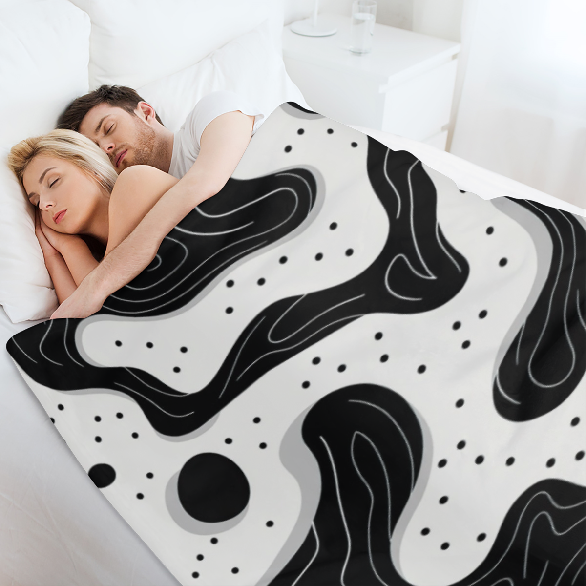 Abstract Black White Organic Shapes Art Themed Throw Blanket Snug Plannel 280gsm Cozy Breathable FabricContemporary Simplicity Eye Candy Pattern Soft for Couch, Sofa, Bed & Travel Essential & Perfect