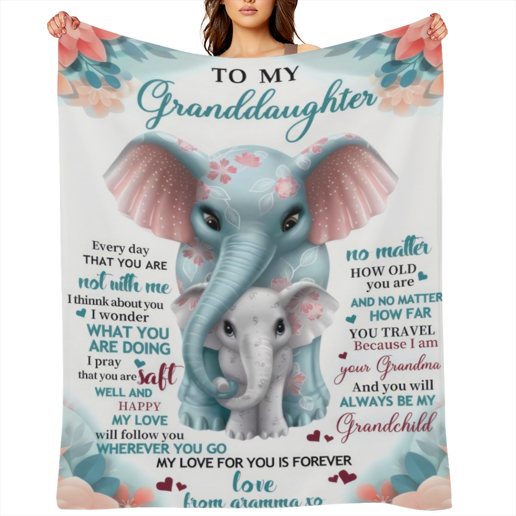 1pc 300GSM Warm and Cozy Elephant Printed Flannel Blanket for Granddaughter - Perfect Gift for Grandma and Granddaughter - Soft and Soothing Throw Blanket for Couch, Bed, Sofa, Camping, and Travel