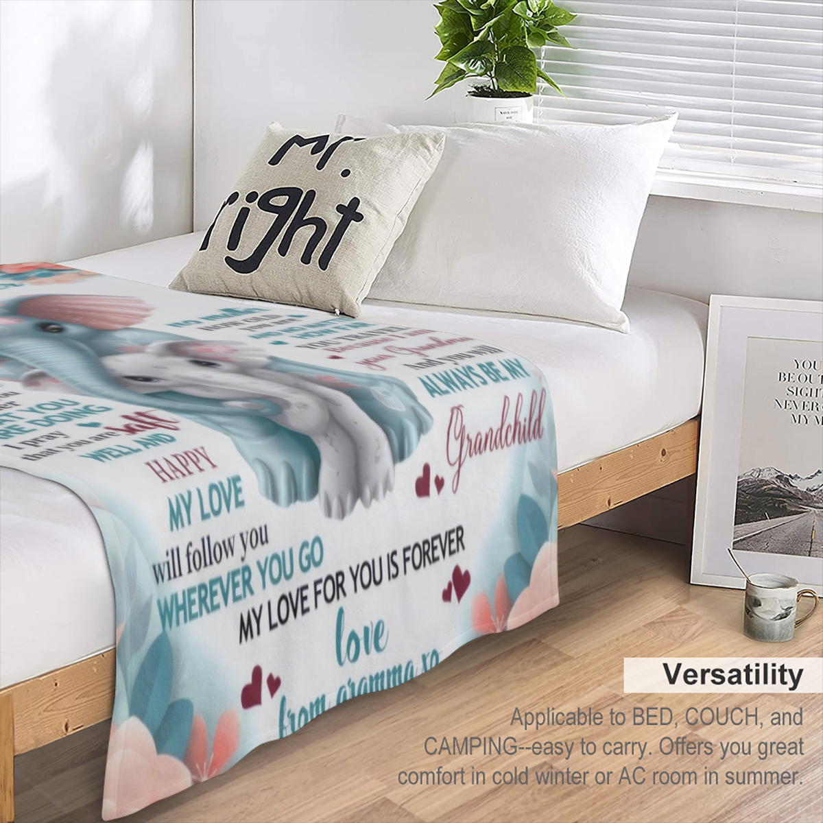 1pc 300GSM Warm and Cozy Elephant Printed Flannel Blanket for Granddaughter - Perfect Gift for Grandma and Granddaughter - Soft and Soothing Throw Blanket for Couch, Bed, Sofa, Camping, and Travel