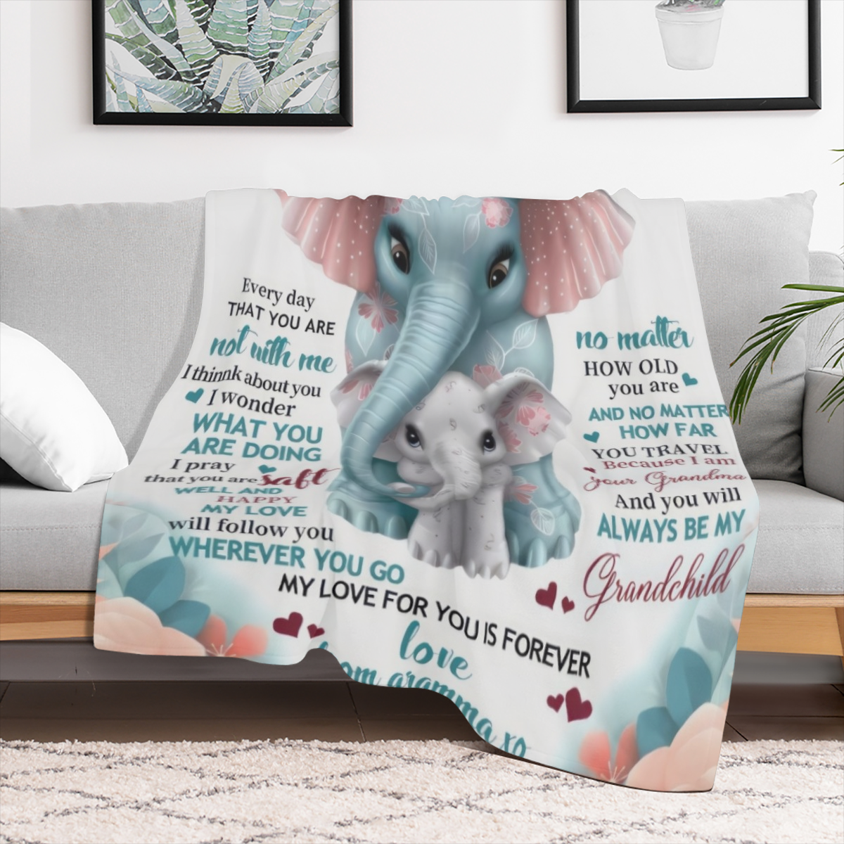 1pc 300GSM Warm and Cozy Elephant Printed Flannel Blanket for Granddaughter - Perfect Gift for Grandma and Granddaughter - Soft and Soothing Throw Blanket for Couch, Bed, Sofa, Camping, and Travel