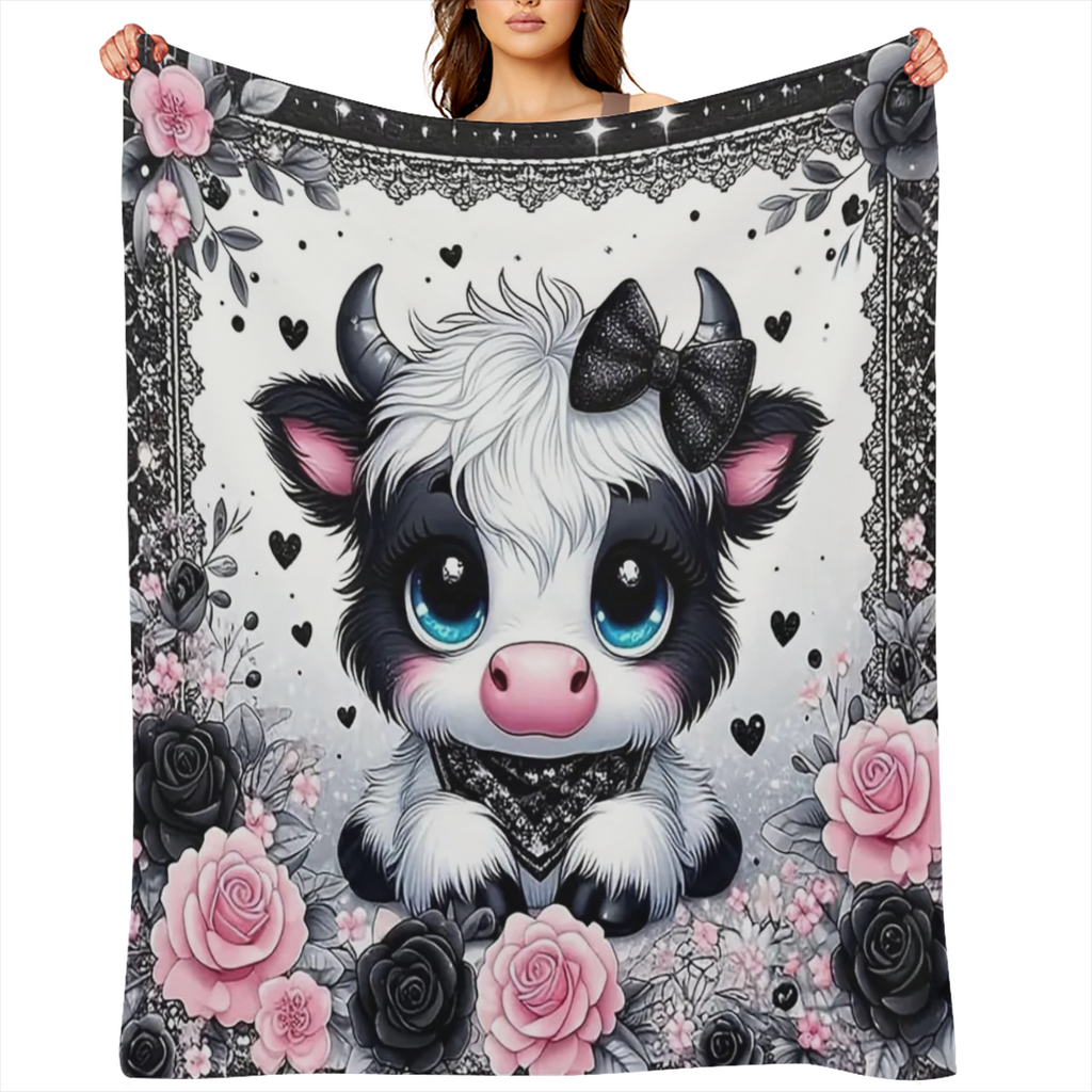 Cozy Flannel Blanket 1pc Soft Warm Cozy Flannel Blanket - Black Lace Highland Cow And Roses Cute Fun Print, Skin-friendly Machine Washable 100 Polyester Knit Fabric for Sofa Bed Car Camping Office Hom