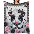 Cozy Flannel Blanket 1pc Soft Warm Cozy Flannel Blanket - Black Lace Highland Cow And Roses Cute Fun Print, Skin-friendly Machine Washable 100 Polyester Knit Fabric for Sofa Bed Car Camping Office Hom