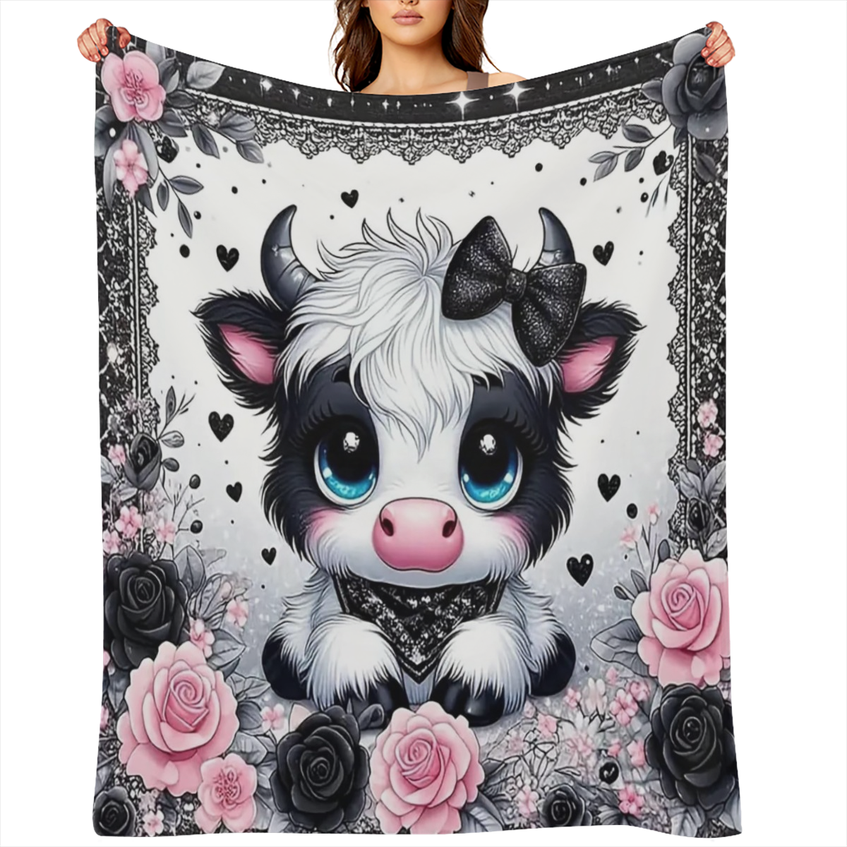 Cozy Flannel Blanket 1pc Soft Warm Cozy Flannel Blanket - Black Lace Highland Cow And Roses Cute Fun Print, Skin-friendly Machine Washable 100 Polyester Knit Fabric for Sofa Bed Car Camping Office Hom