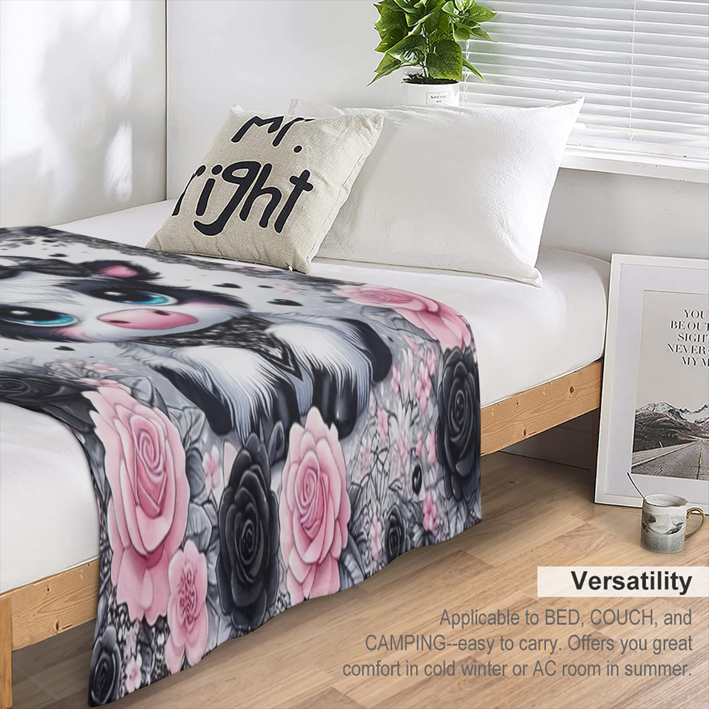Cozy Flannel Blanket 1pc Soft Warm Cozy Flannel Blanket - Black Lace Highland Cow And Roses Cute Fun Print, Skin-friendly Machine Washable 100 Polyester Knit Fabric for Sofa Bed Car Camping Office Hom