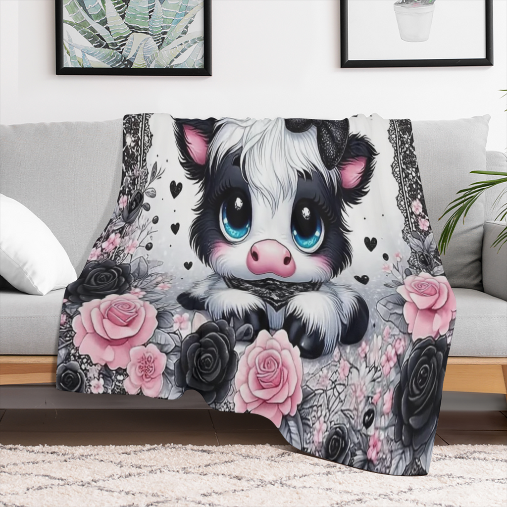 Cozy Flannel Blanket 1pc Soft Warm Cozy Flannel Blanket - Black Lace Highland Cow And Roses Cute Fun Print, Skin-friendly Machine Washable 100 Polyester Knit Fabric for Sofa Bed Car Camping Office Hom