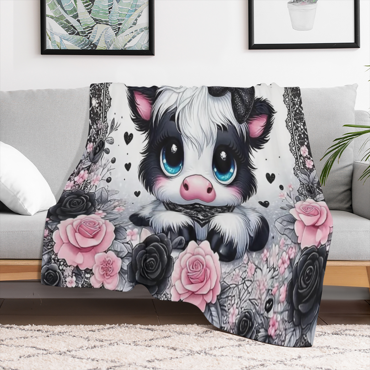 Cozy Flannel Blanket 1pc Soft Warm Cozy Flannel Blanket - Black Lace Highland Cow And Roses Cute Fun Print, Skin-friendly Machine Washable 100 Polyester Knit Fabric for Sofa Bed Car Camping Office Hom