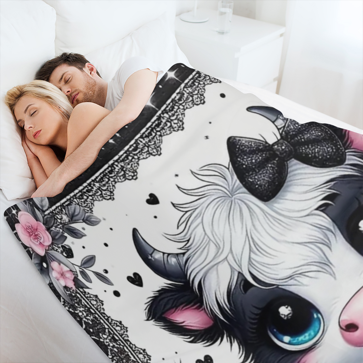 Cozy Flannel Blanket 1pc Soft Warm Cozy Flannel Blanket - Black Lace Highland Cow And Roses Cute Fun Print, Skin-friendly Machine Washable 100 Polyester Knit Fabric for Sofa Bed Car Camping Office Hom