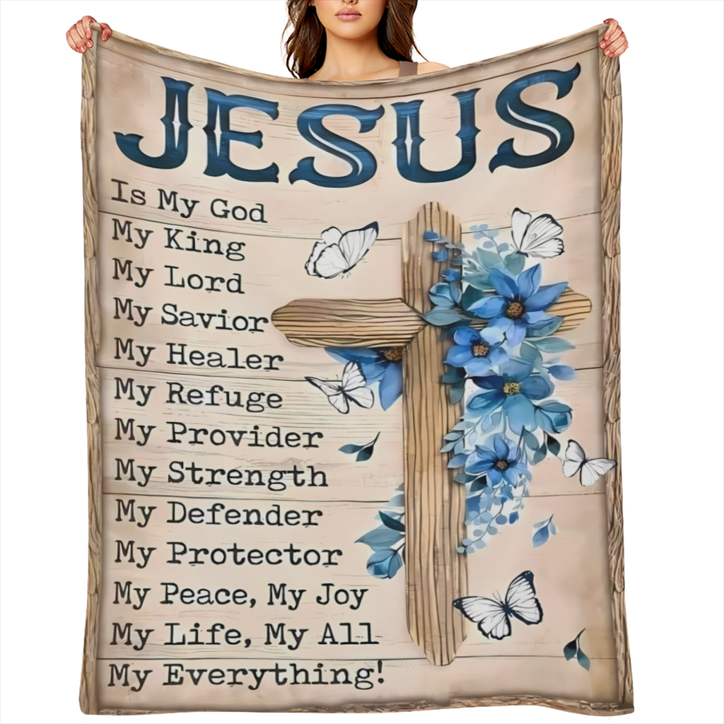 Jesus Is My Everything Flannel Throw Blanket ¨C Soft, Cozy, Lightweight, All-Season Comfort with Inspirational Religious Design, Blue Cross & Butterfly Accents, Perfect for Naps, Lunches, or Prayerfu