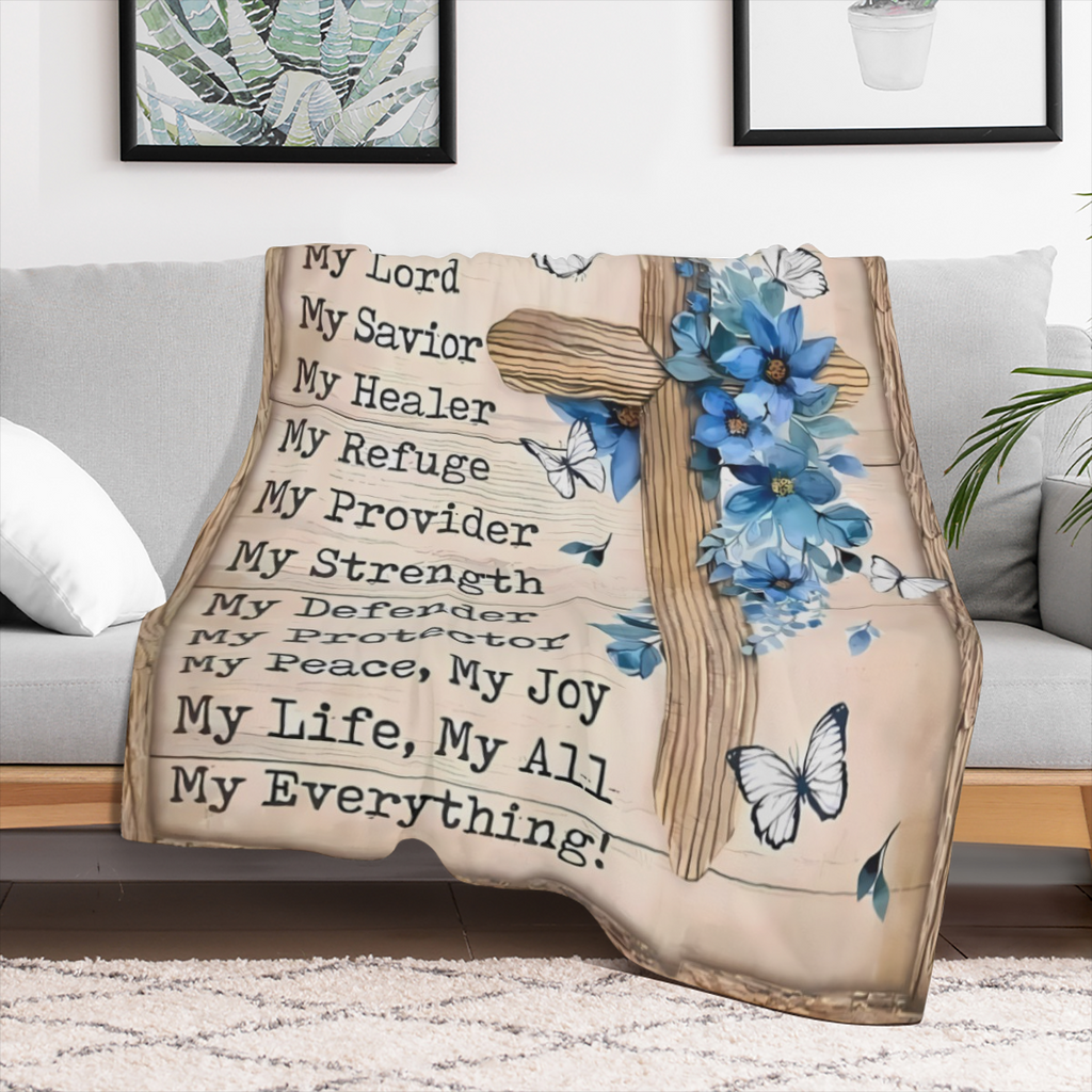 Jesus Is My Everything Flannel Throw Blanket ¨C Soft, Cozy, Lightweight, All-Season Comfort with Inspirational Religious Design, Blue Cross & Butterfly Accents, Perfect for Naps, Lunches, or Prayerfu