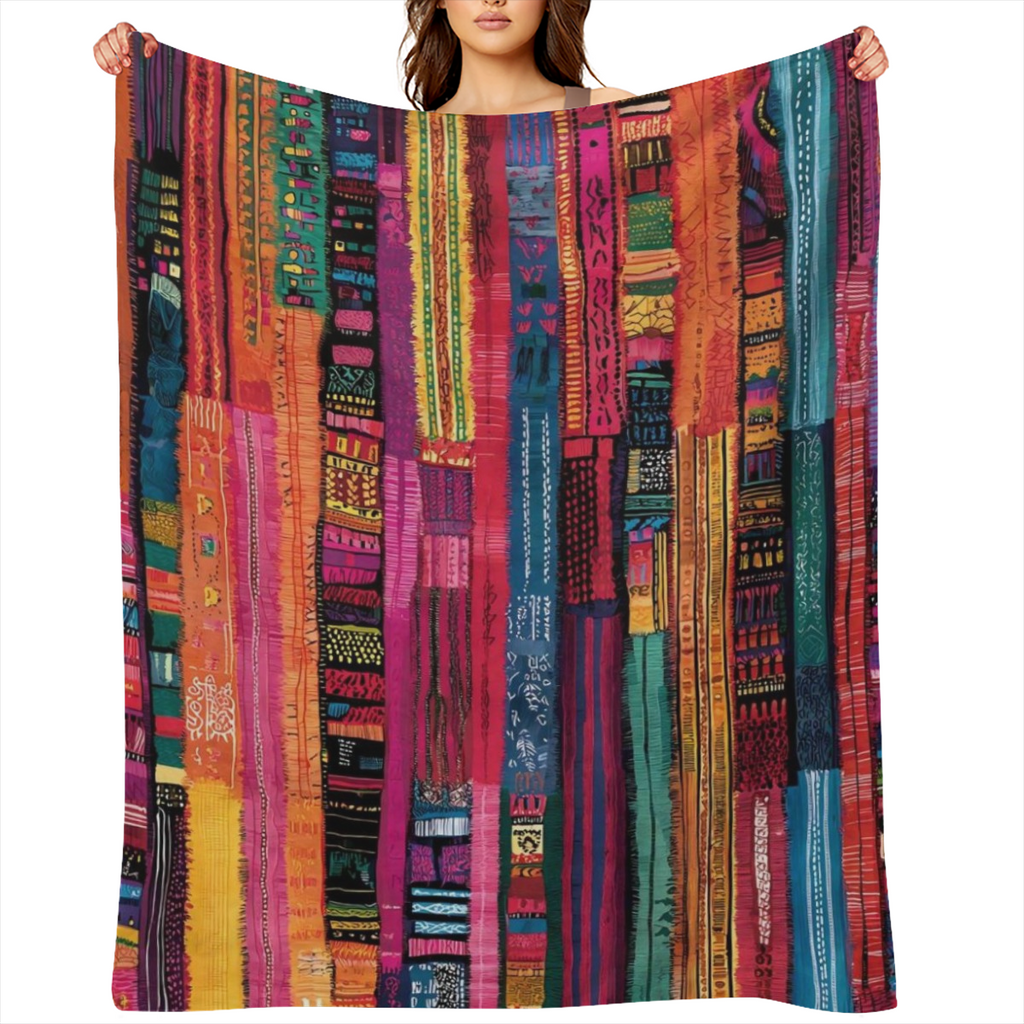 Soft Cozy Guatemalan Mayan-Inspired Flannel Throw Blanket - Vibrant Striped Design Perfect for Bed Sofa Office or Camping