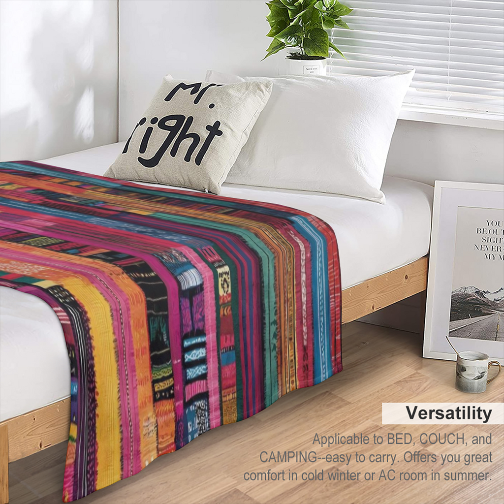 Soft Cozy Guatemalan Mayan-Inspired Flannel Throw Blanket - Vibrant Striped Design Perfect for Bed Sofa Office or Camping